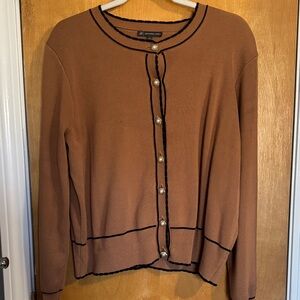 Brown Knit Cardigan with Black Trim and Pearl Buttons by Adrianna Papell.